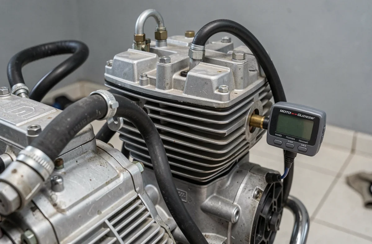 Gros plan sur le refroidissement moteur et le thermostat d'une Moto Guzzi V85 TT lors d'un diagnostic de surchauffe