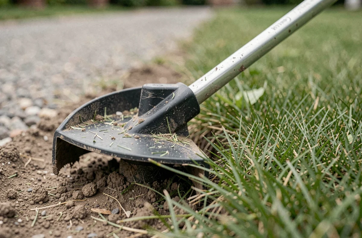 Gros plan sur la tête de coupe d'un coupe-bordures thermique posé sur le sol en bordure de pelouse