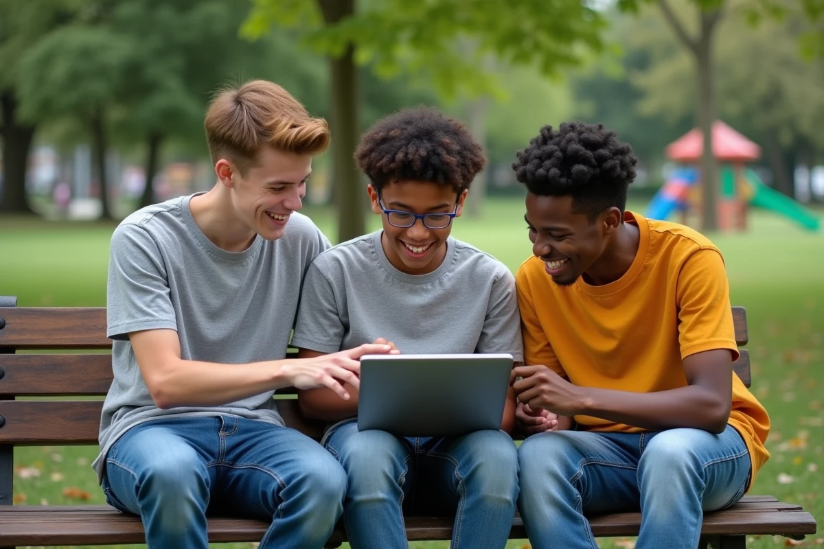 Trois adolescents discutent autour d une tablette dans un parc