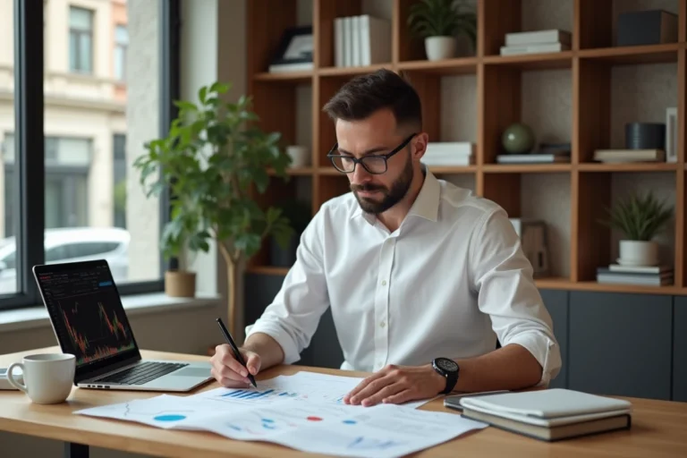 Homme d'affaires analysant des graphiques financiers à son bureau à domicile en 2024