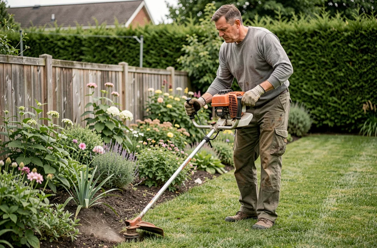 Homme utilisant un coupe-bordures thermique le long d'une bordure de jardin soigneusement entretenue
