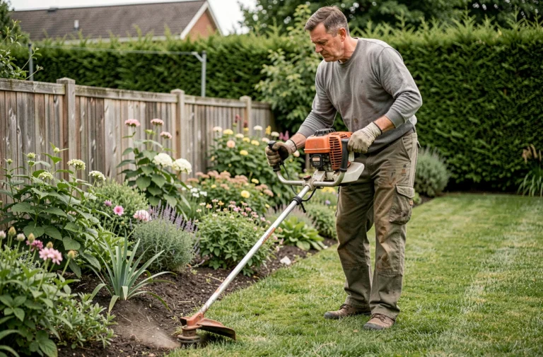 Homme utilisant un coupe-bordures thermique le long d'une bordure de jardin soigneusement entretenue