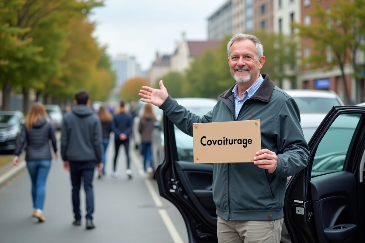 Homme souriant avec un panneau covoiturage accueille des passagers