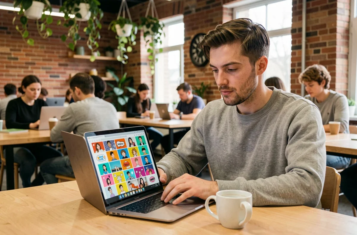 Homme en espace de coworking recherchant des gifs animés à télécharger pour ses contenus numériques