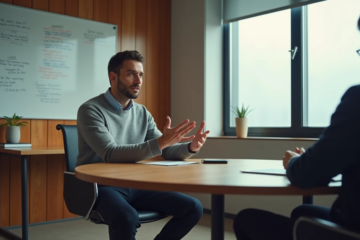 Man in a professional interview articulating his training expectations in a meeting room
