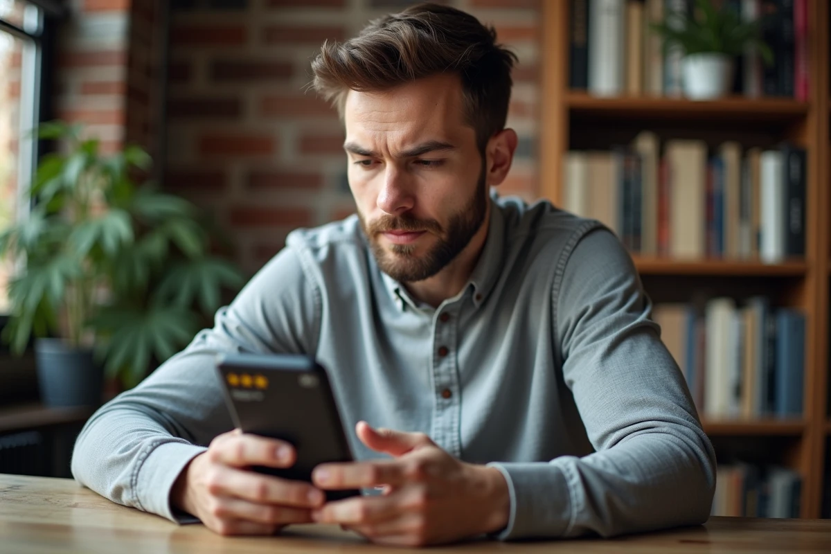 Homme recherchant des entreprises fiables sur une application d'annuaire en ligne depuis son bureau à domicile