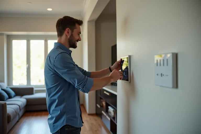 Homme réglant un thermostat intelligent dans un salon moderne