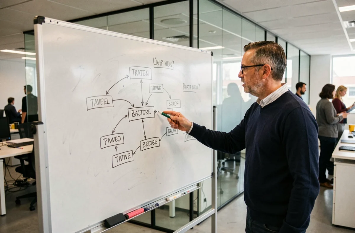 Homme présentant une structure de sitemap pour site de voyage sur un tableau blanc en open space