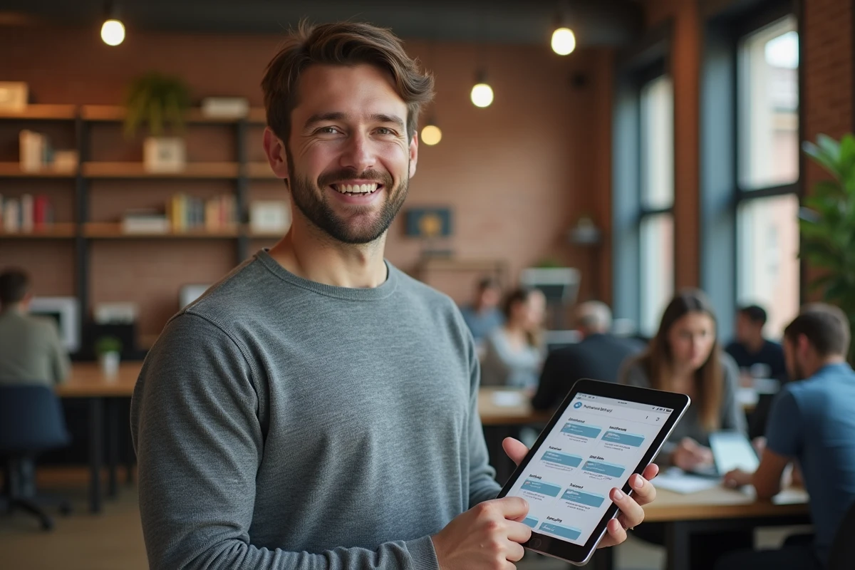 Man consulting the navigation plan of the Glamiz site on a tablet in a coworking space