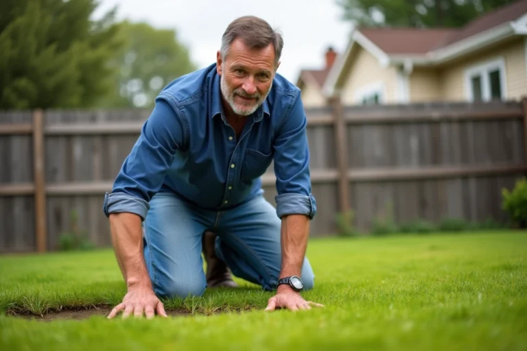 Homme inspectant une pelouse jaunie dans son jardin