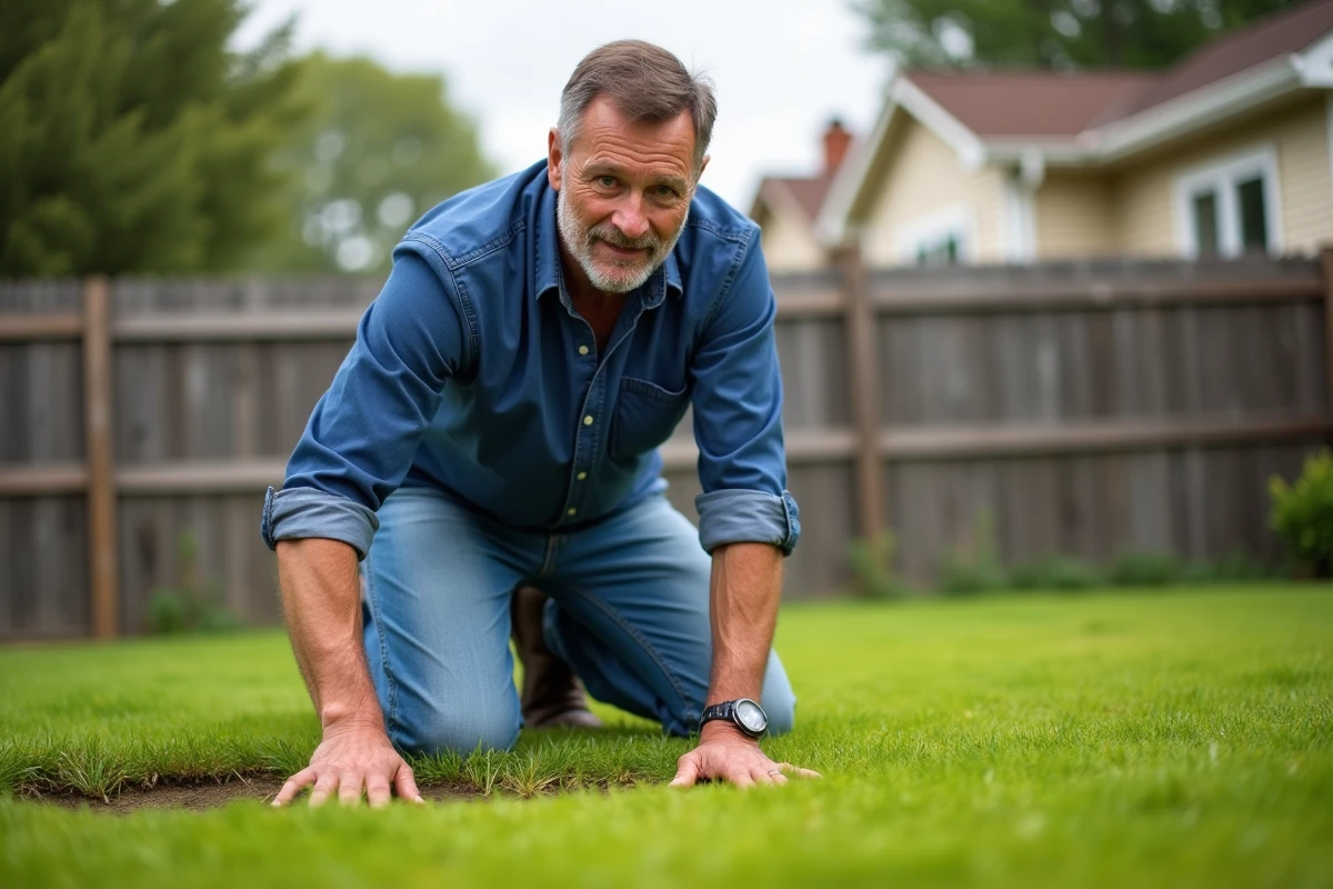 Homme inspectant une pelouse jaunie dans son jardin