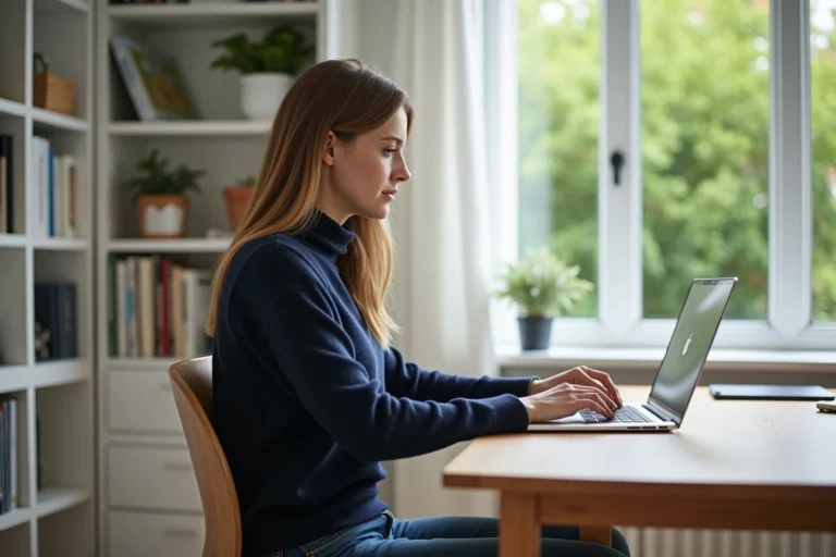 Jeune femme au bureau en train de se connecter à son ordinateur