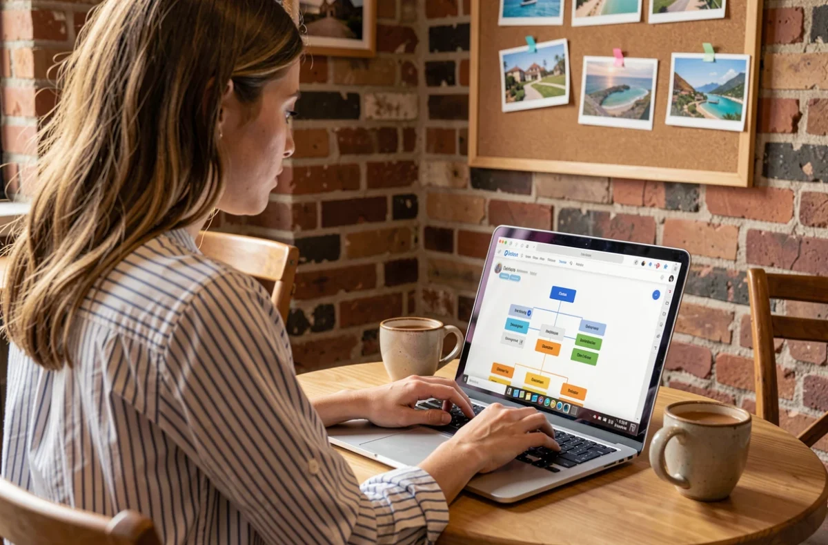 Jeune femme travaillant sur un outil de sitemap pour site de voyage depuis un café avec laptop