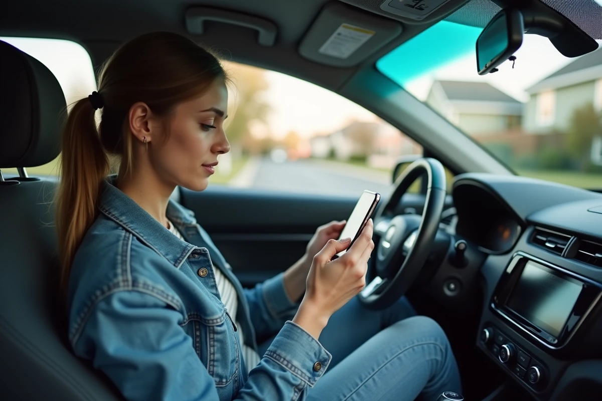 Jeune femme dans une voiture compare des applications de covoiturage