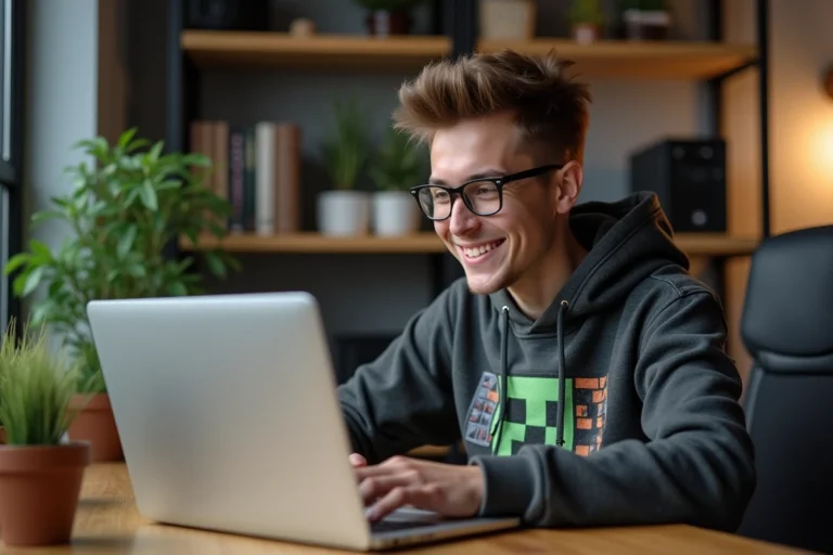 Jeune homme souriant configure un serveur Minecraft sur un laptop