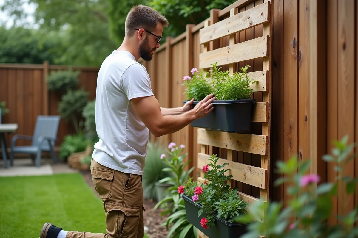 Jeune homme fixant un jardin vertical en palettes en bois
