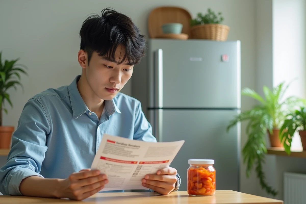 Jeune homme asiatique lisant un pamphlet alimentaire