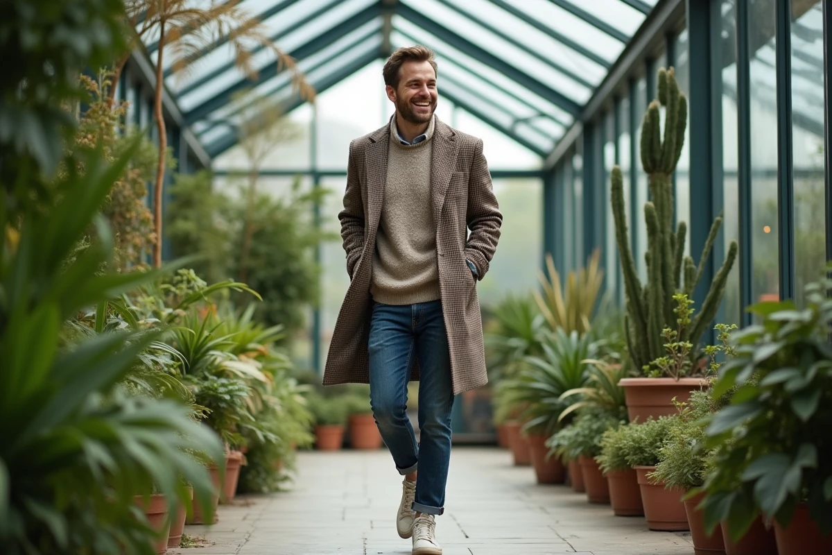 Jeune homme en pull et manteau dans une serre moderne