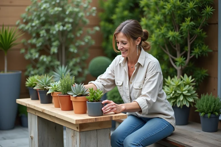 Femme arrangeant des succulentes colorées dans un jardin contemporain