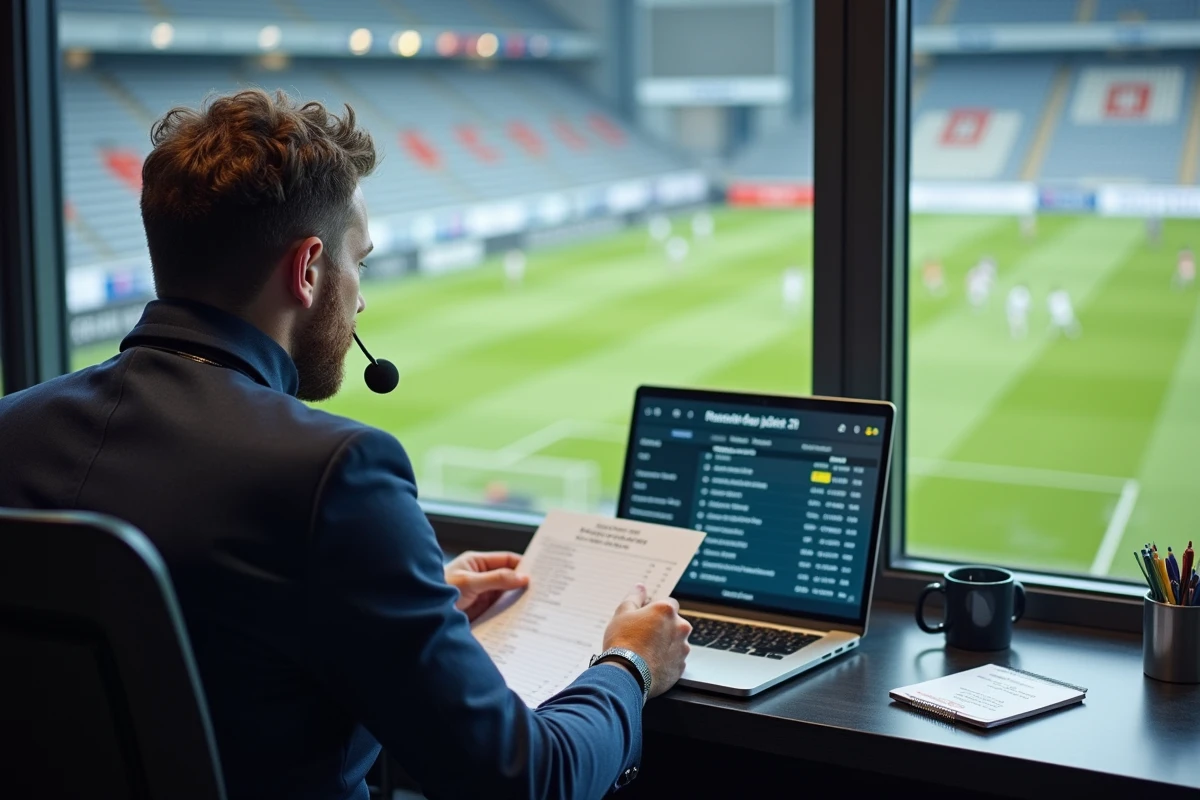 Journaliste sportif en tribune de presse couvrant le derby breton Quimper Lorient