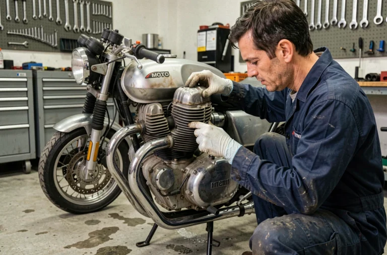 Mécanicien inspectant le moteur d'une Moto Guzzi V85 TT pour prévenir la surchauffe en atelier