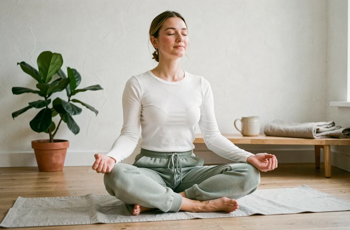 Femme pratiquant la méditation en position assise sur un tapis de yoga dans un salon scandinave épuré, ambiance bien-être et sérénité au quotidien