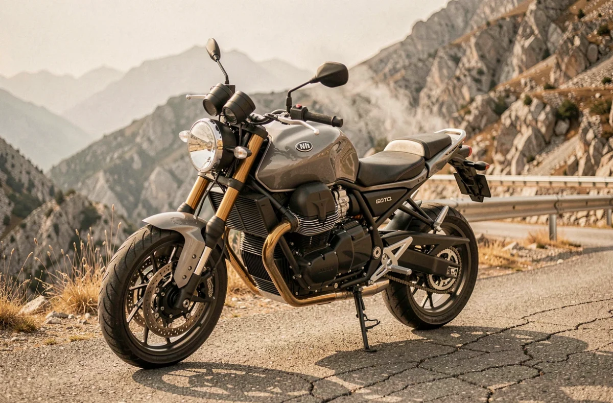 Moto Guzzi V85 TT arrêtée sur une route de montagne par forte chaleur avec risque de surchauffe moteur