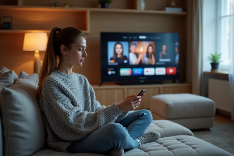 Femme jeune naviguant sur une interface de streaming vidéo depuis son canapé dans un salon moderne