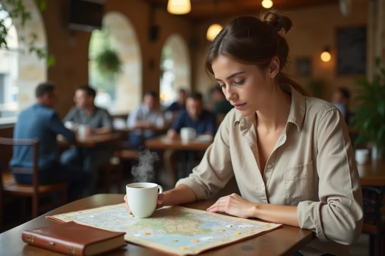 Femme organisant son voyage avec une carte papier et un carnet de voyage dans un café européen