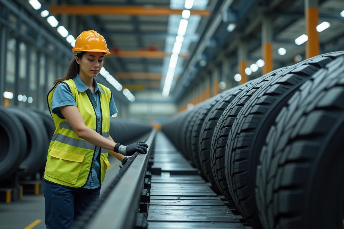 Ouvrière guidant un pneu sur la ligne de production