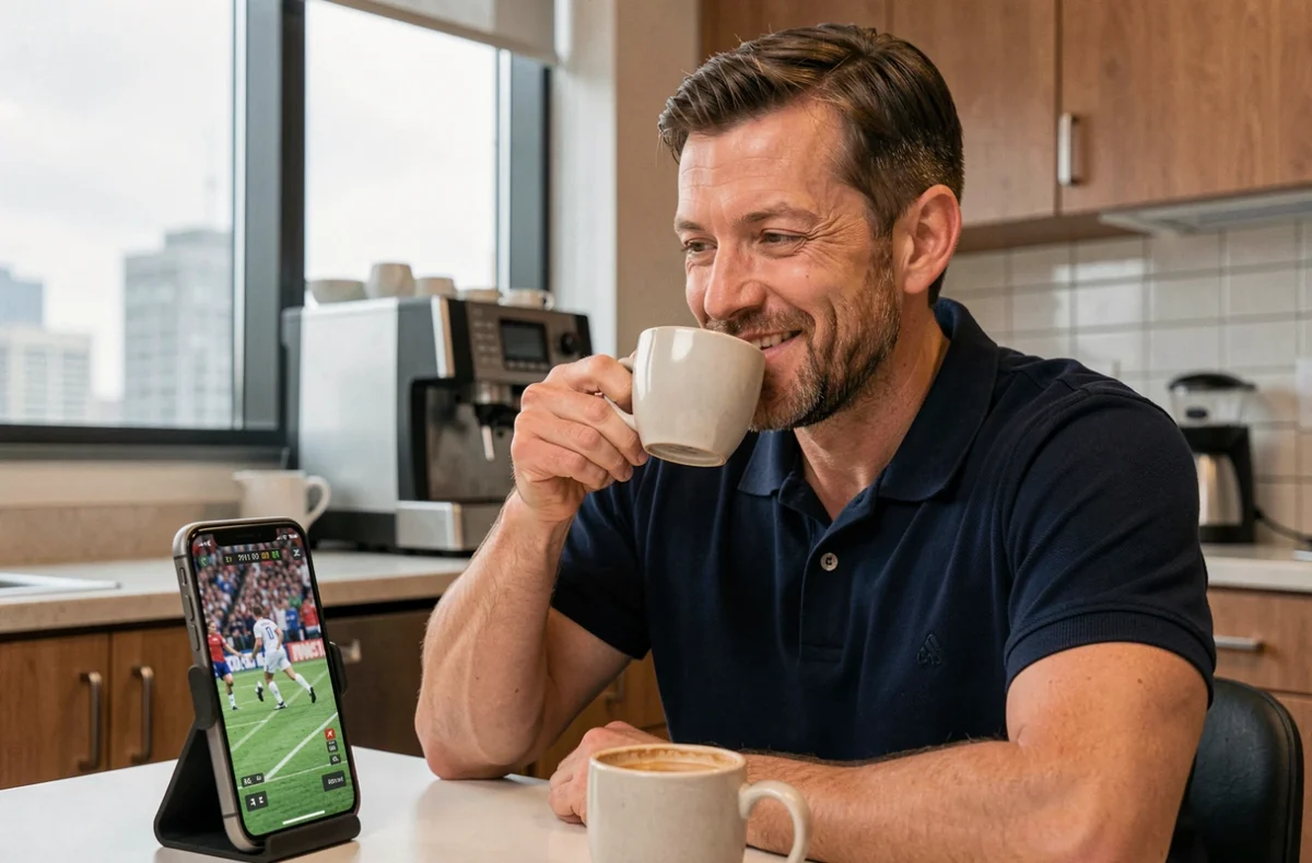 Homme dans la salle de pause du bureau regardant un match de foot en direct sur son smartphone pendant sa pause café