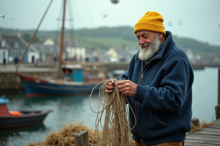 Pêcheur breton en mer mendant ses filets avec un chapeau jaune