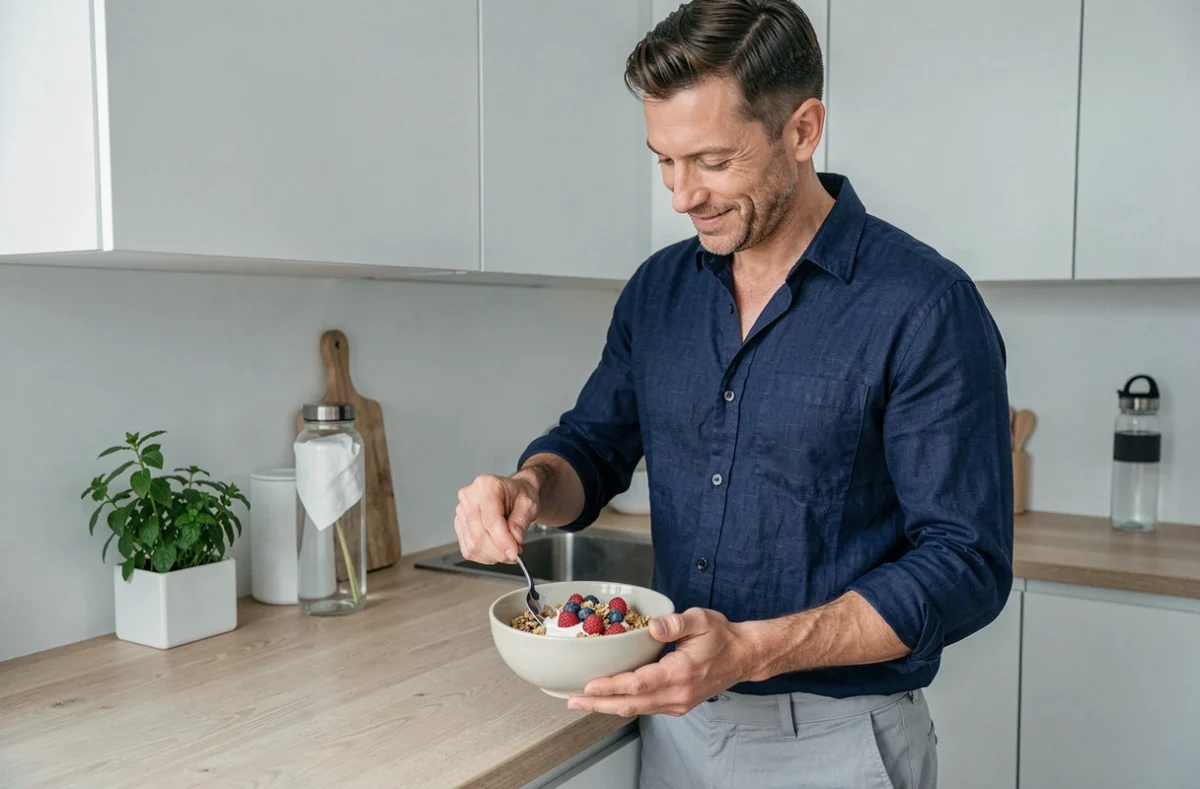 Homme préparant un bol de petit-déjeuner sain à base de granola et de fruits frais dans une cuisine moderne, illustrant une alimentation équilibrée pour le bien-être
