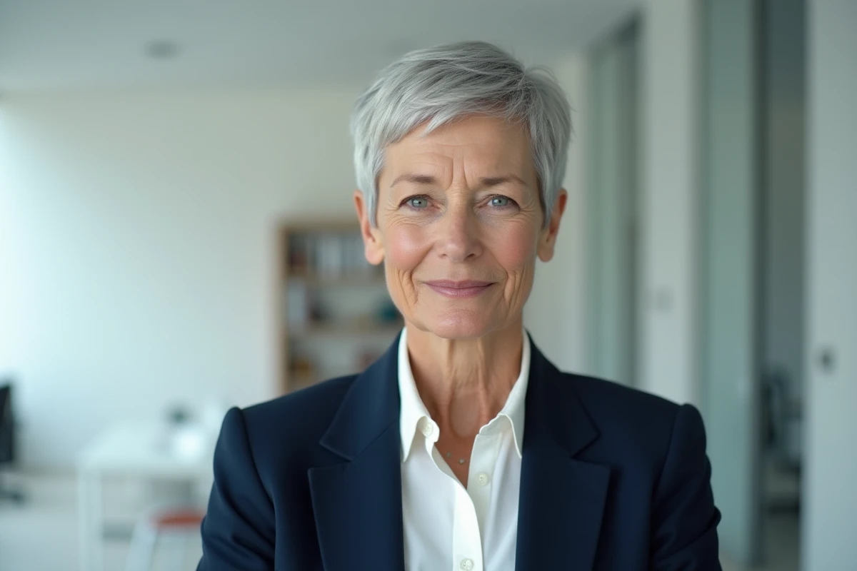 Femme de 70 ans avec un pixie droit structuré sel et poivre en tenue professionnelle