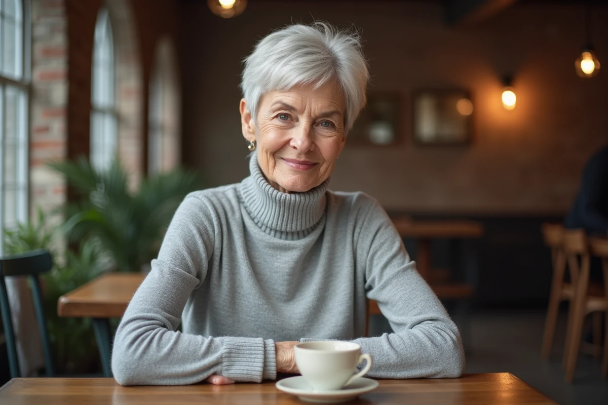 Femme de 70 ans avec un pixie effilé sur cheveux fins argentés dans un café