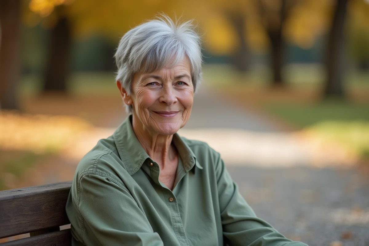 Femme de 70 ans avec un pixie et frange rideau douce en automne dans un parc