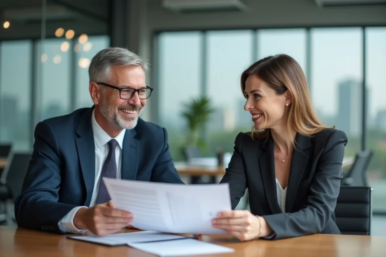 Un couple professionnel souriant dans un bureau moderne