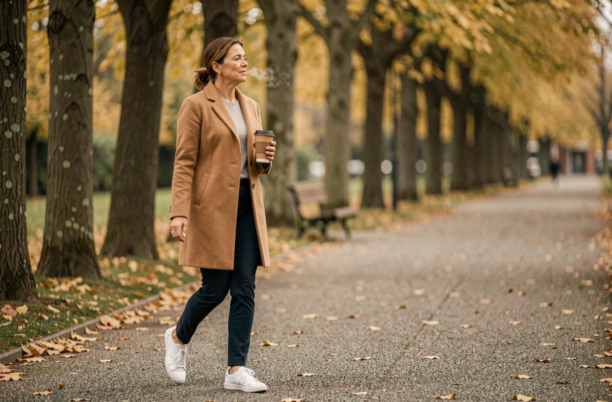 Femme se promenant seule dans un parc urbain en automne avec un café à emporter, illustrant l'importance de prendre l'air et de se ressourcer au quotidien