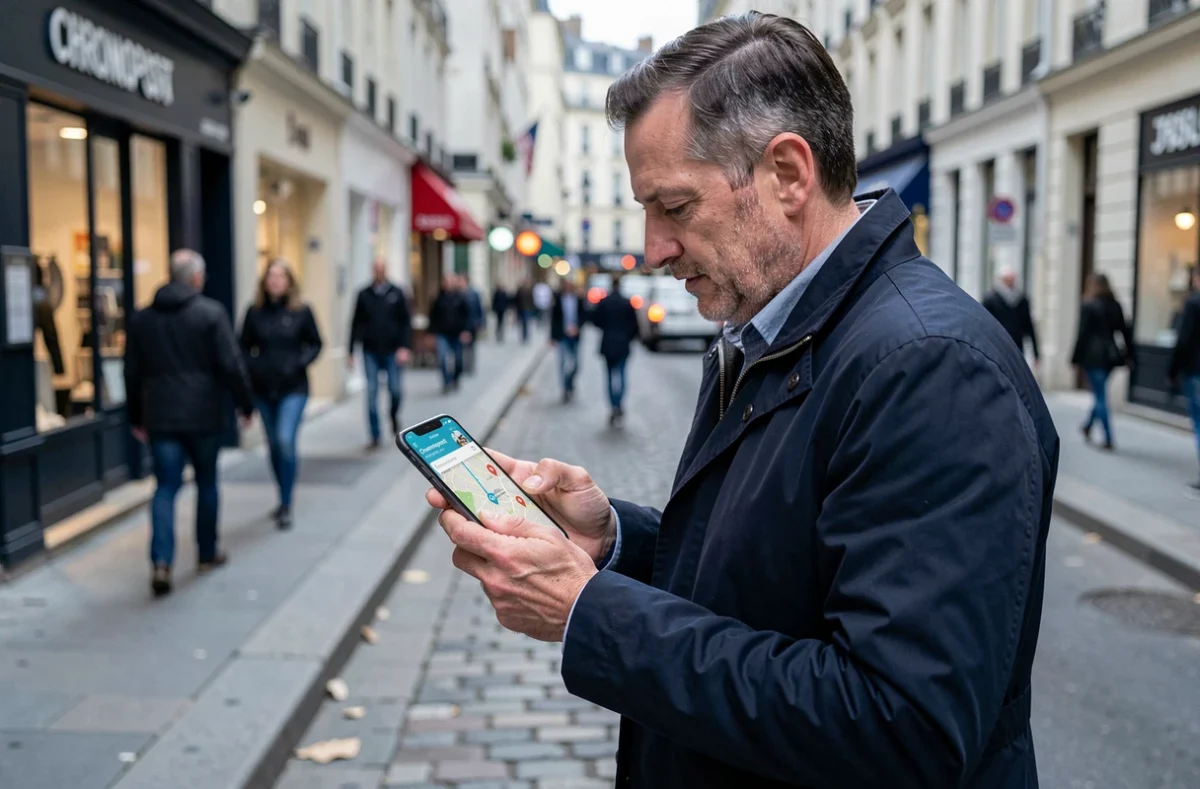 Homme cherchant un point relais Chronopost sur son smartphone dans la rue