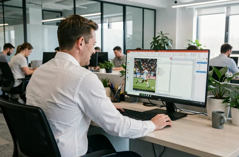 Homme discret au bureau regardant un match de foot sur son ordinateur tout en faisant semblant de travailler