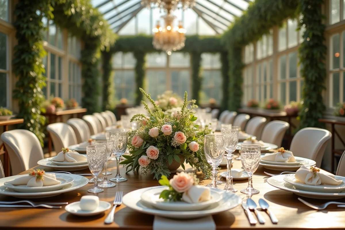 Table de mariage décorée dans un conservatoire lumineux