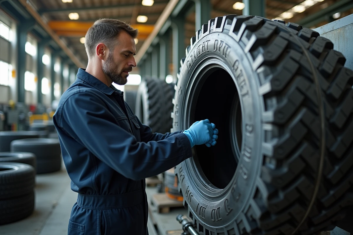 Technicien inspectant un grand moule de pneu en usine