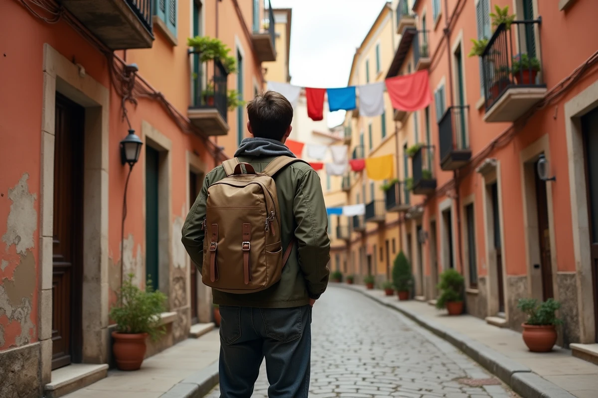 Voyageur explorant une ruelle pittoresque et insolite dans un village méditerranéen